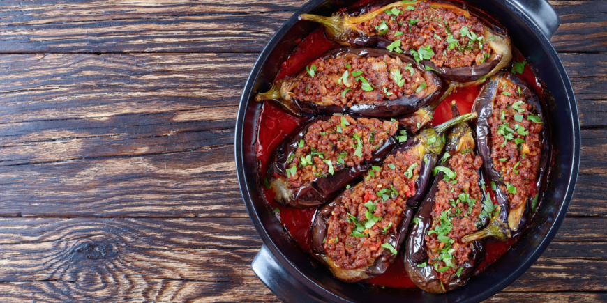 Stuffed Eggplants with Pomegranate Meat Sauce